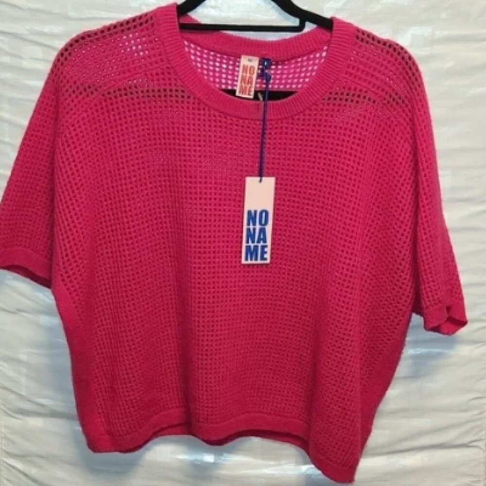 NO NAME pink open-knit cashmere short sleeve dropped shoulder sweater L
